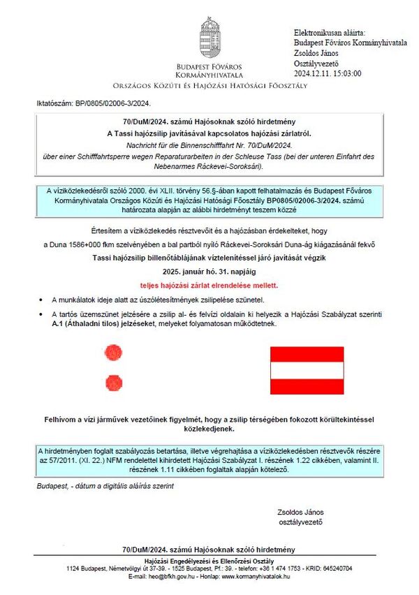 Hajózási tilalom a Tassi Hajózsilipen 